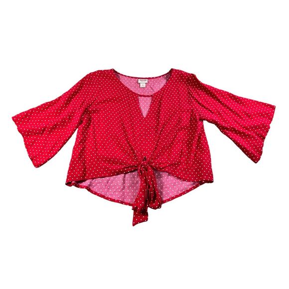 Mossimo Red Polka Dot Blouse Sz XS Front Tie V-Neck Keyhole Top Rockabilly Retro - Picture 7 of 7